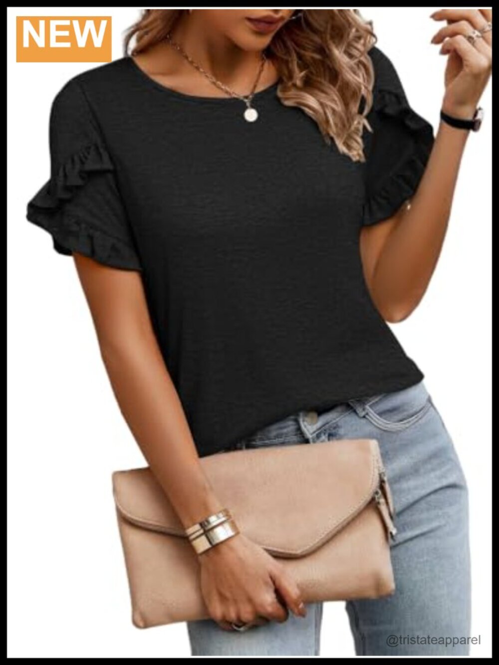 Women's Ruffle Sleeve Crewneck T-Shirt Short Sleeve Top